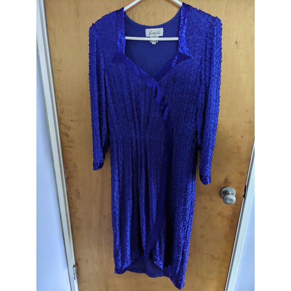Judith Ann Vintage Blue Full Beaded Gathered Waist Front Slit Dress Size Small